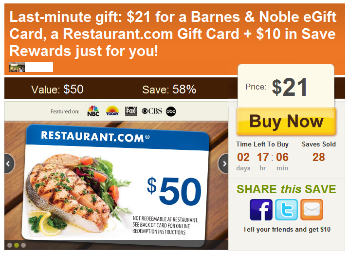 Hot Last Minute Gift 21 For A Barnes Noble Egift Card A Restaurant Com Gift Card 10 In Save Rewards Just For You Free Tastes Good